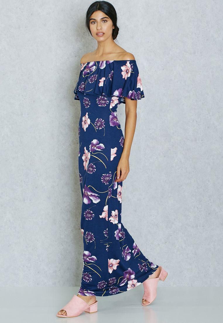 Floral Print Ruffle Bardot Maxi Dress