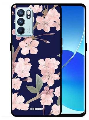 غطاء حماية واق لهاتف أوبو رينو 6 5G بطبعة زهور وردية بخلفية زرقاء