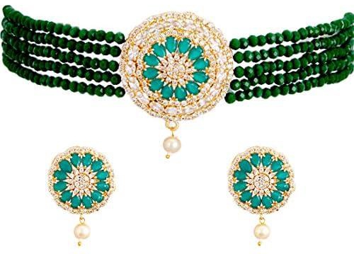 Zeneme Jewellery Set Gold Plated Brass American Diamond Pearl Choker Necklace With Earring Fashion Jewellery For Women Girls