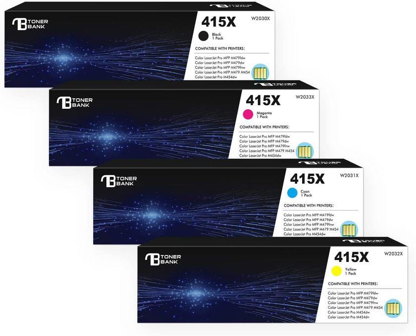 HP Tonner 4 Pack With Chip 415A 415X Toner Cartridge Multipack: for HP W2030A W2031A W2032A W2033A W2030X Color LaserJet Pro MFP M479fdw M454dw M479dw M479fnw M479fdn M454dn M479 M454 Black Cyan Yellow Magenta