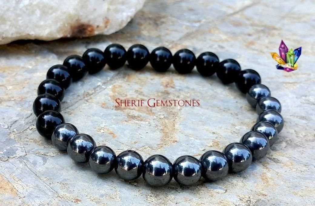 Sherif Gemstones Natural Onyx & Hematite Bracelet, Gemstone Bracelet, Healing Crystal Bracelet
