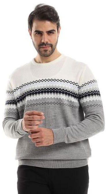 Ted Marchel White, Sky Blue, Navy Blue & Heather Grey Self Patterned Round Neck Pullover