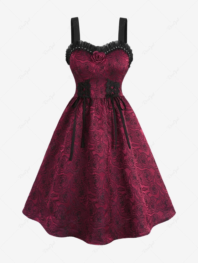 Plus Size Lace-up Flower Embroidered Jacquard Rose Pin Decorated Rivet Ruffles Lace Trim Valentines Tank Dress - 1x | Us 14-16