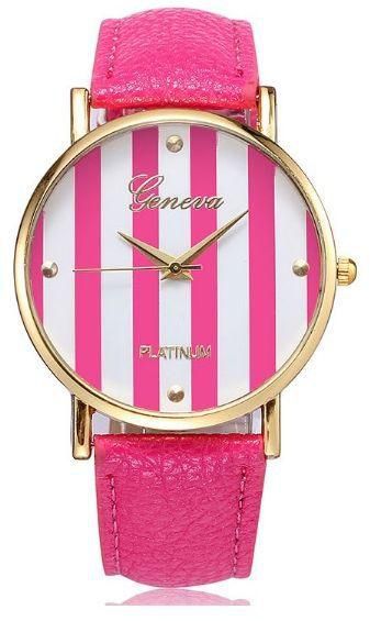 Geneva Leather Watch With Golden Stripped Dial Pink