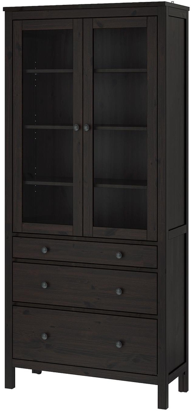 HEMNES Glass-door cabinet with 3 drawers - black-brown 90x197 cm