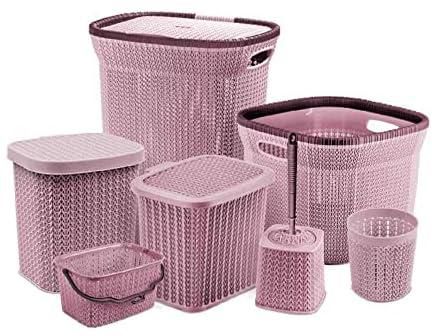 EL Watania 7 Knet Set Includes:1 Clothes Basket With Cover/1 Clothes Basket/2 Trash Basket With Cover/1 Toilet Brush/ 2 Multi Use Basket Beige