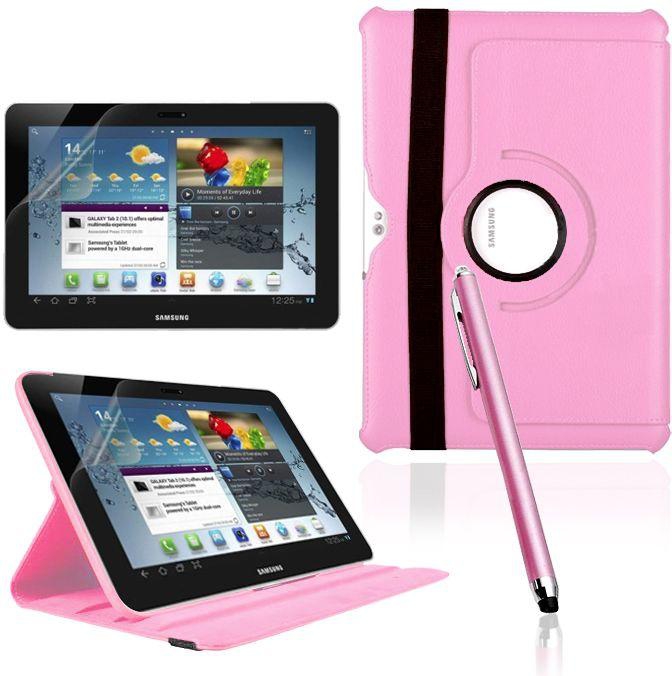 360 Degree Rotating PU Leather Case Stand for Samsung Galaxy Tab 2 10.1 P5100 Pink Colors With Screen Protector and Stylus