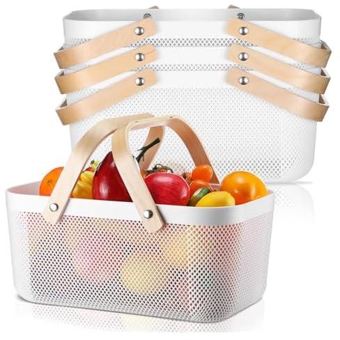 EPEDIC Mesh storage basket with handle, fruit and vegetable storage basket, multifunctional mesh basket, rectangular hand basket, storage basket, drain basket, iron small basket (white)