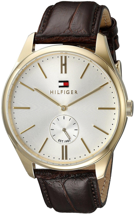 Tommy Hilfiger Men's Silver Dial Dial Brown Leather Gold Toned Japanese Quartz