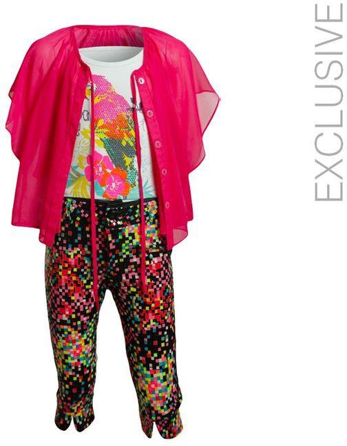 Dandasha Neon Fuchsia Colors Cotton & Chiffon Set of “Legging, Tops & Chiffon Blouse”