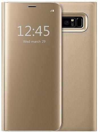 Galaxy S8 Plus, Flip - Gold (Reflective Clear View With Thick Durable Leather)