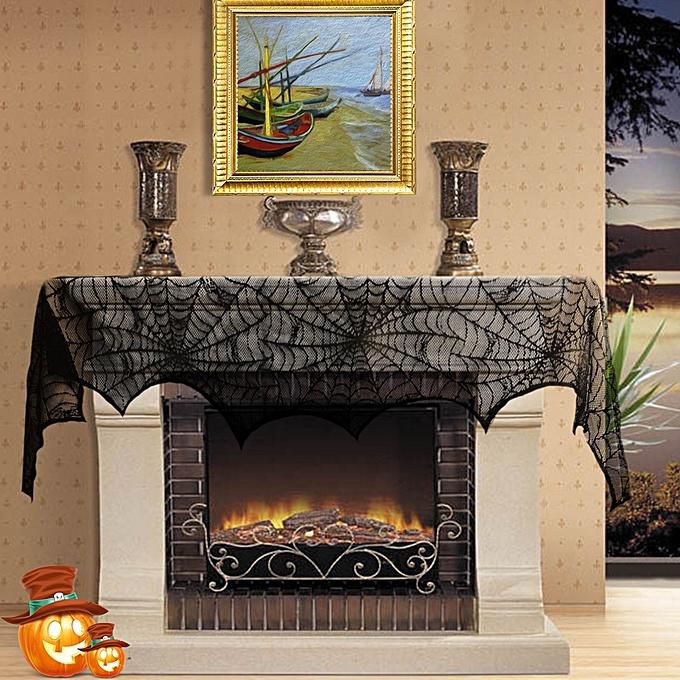 18 by 96 inch 2 Pieces Spiderweb Fireplace Mantle Scarf Lace Halloween Decoration Cover for Halloween Home Party Supply Black