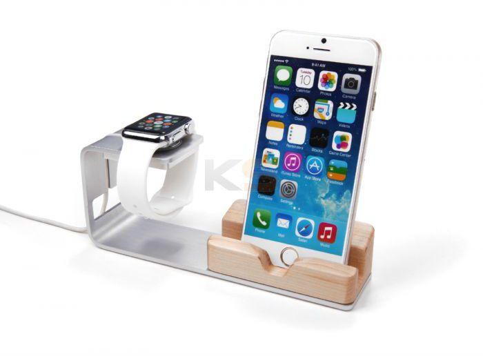 Seenda IPS-Z08 2 in 1 Wood Charging Stand for Apple Watch/Phone Stand Docking Station-Silver