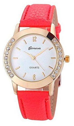 HONHX Geneva Fashion Women Diamond Analog Leather Quartz Wrist Watch Watches Red