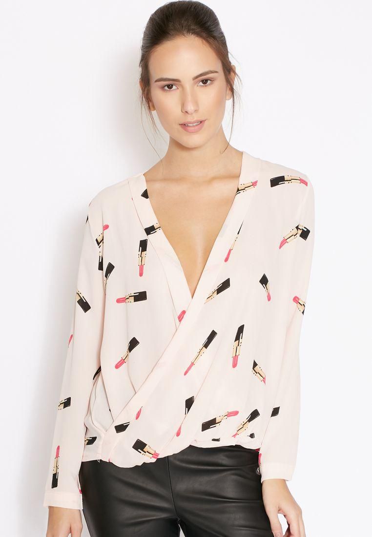 Lipstick Printed Wrap Front Top