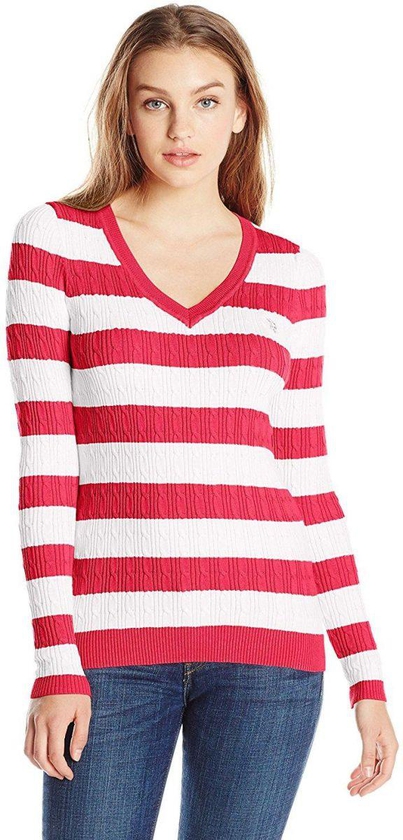 U.S. Polo Assn. Red & White Cotton V Neck Pullover Top For Women