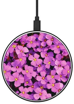 شاحن لاسلكي سريع بطبعة زهور بلون أرجواني فاتح مع كابل USB وردي