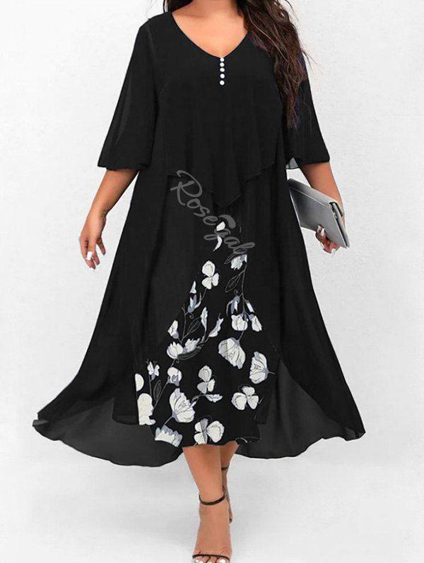 Plus Size Flutter Sleeves Mesh Overlay Floral A Line Midi Dress - 5xl