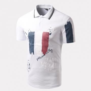 Men's summer new spell color printed collar short sleeve T-shirt white m