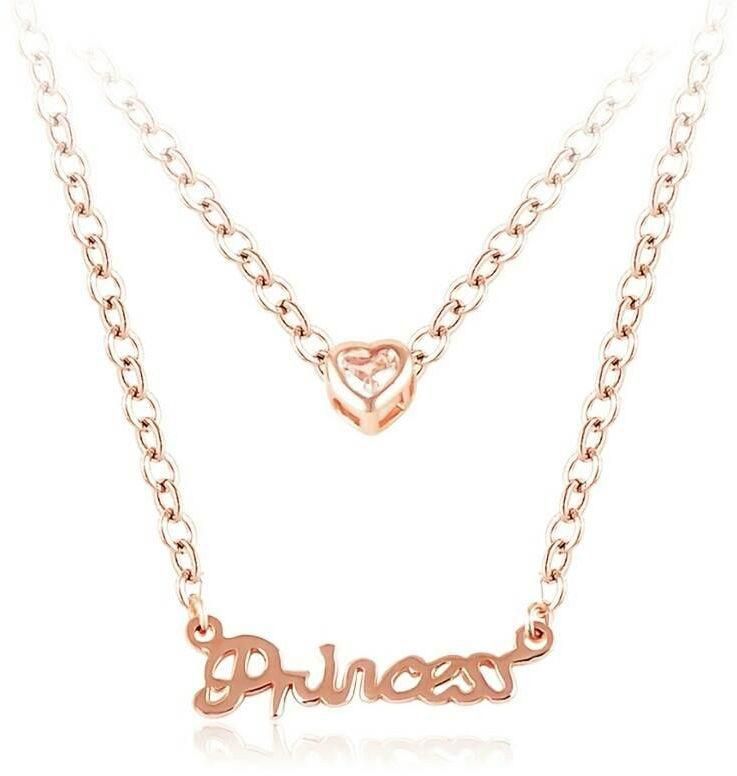 double chain necklace rose gold plated heart necklace with princess letter