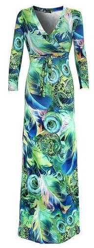 Generic L-5XL High Quality New Fashion 2016 Designer Maxi Women's Dress Long Sleeve Deep V-neck Printed Long Dress Party Celebrity D1178-green