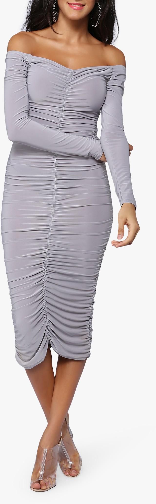 Grey Bardot Ruched Dress