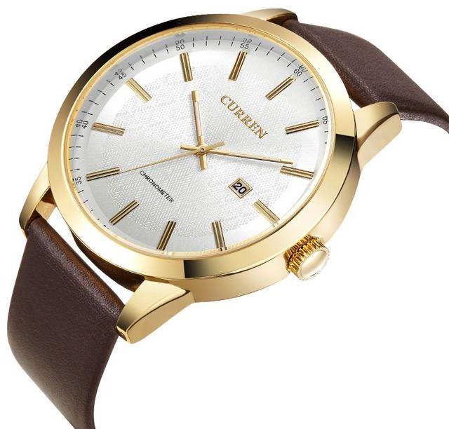 Curren Casual Man Watches With Leather Strap And Gold Color Case Silver Color Dial Curren-8114