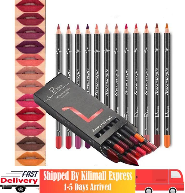 12 Pcs/Set Waterproof Lip Liner Pencil Nude Matte Lipliner Moisturizing Long Lasting Lipstick Liner Professional Makeup Pens Non-stick Cup
