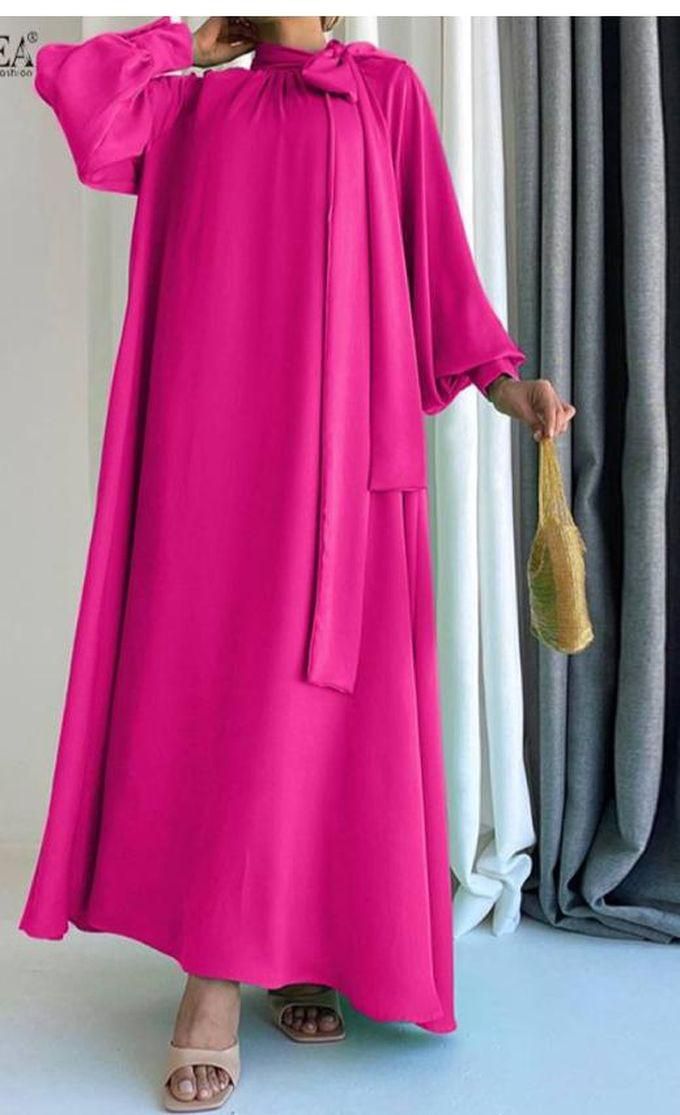 Csv Women Bow Tie Neck Over Size Dress With Puff Sleeves, Maxi Dress