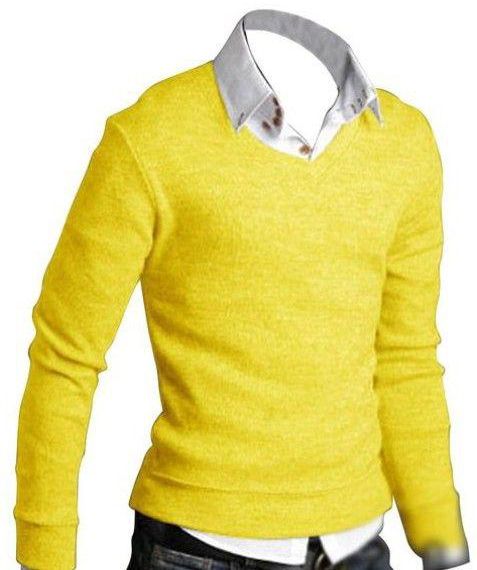 Yellow Men'S Slim V-Neck Sweater Bottoming Shirt