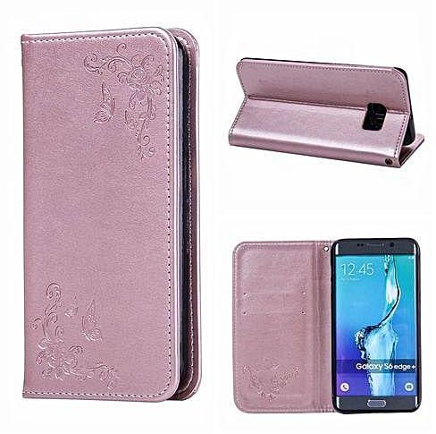 Universal Leather Case For Samsung Galaxy S6 Edge Flip Wallet Stand Case Flower Pattern Folio Flip Pouch Cover Case Rose Gold