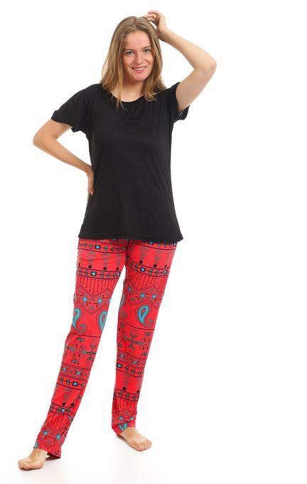 Kady Short Sleeves Top & Patterned Pant Set - Black & Coral
