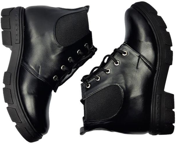 Black Leather Half Boots Safety Shoes - Lace-up - For Women