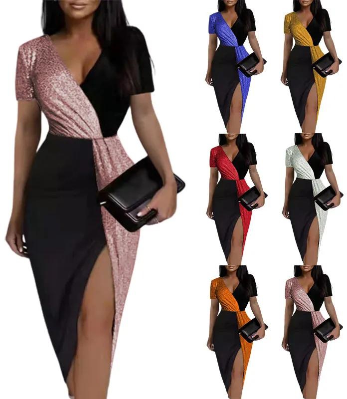 Fashion Newest European & African Style Sexy V-Neck Women's Shiny Dinner Evening Dresses Short Sleeve High Split Office Ladies Formal or Casual Clothes Parties Evenings Celebration
