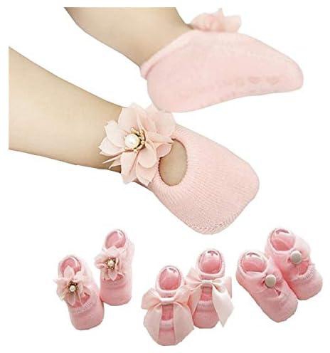 Newborn Baby Girls 3 Pairs Baby's Socks Set Lace Flower Anti Slip Floor Socks Toddler Walker Sock Photography Pearl Bow knots Socks Best Baby Birthday Gift Pink