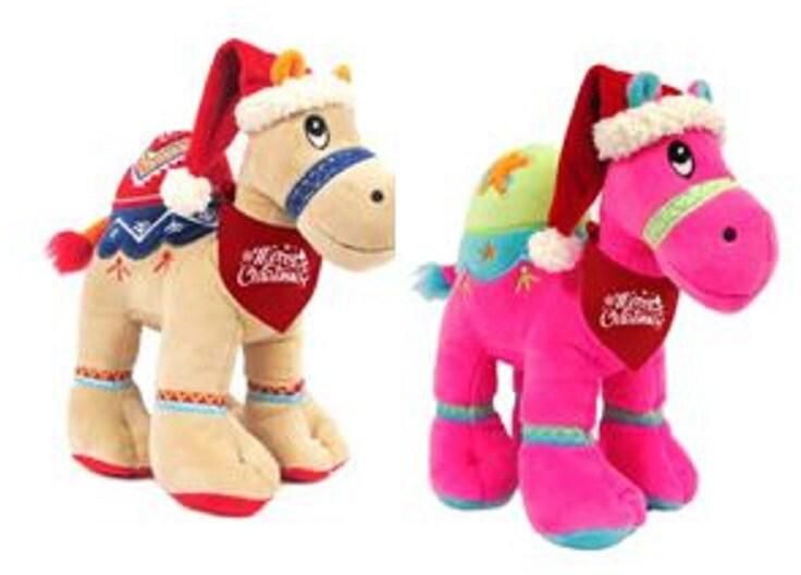 Bundle item - Beige camel + Dark Pink camel with Santa hat with Merry Christmas print on red bandana, size 25cm

