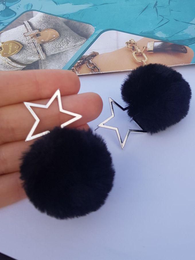 Silver Star Black Fur Ball Earring.