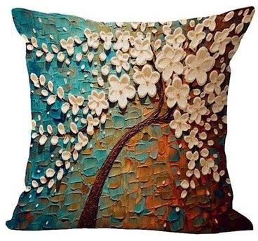 Flower Tree Printed Cotton Linen Throw Pillow Cover Multicolour 45x45 centimeter