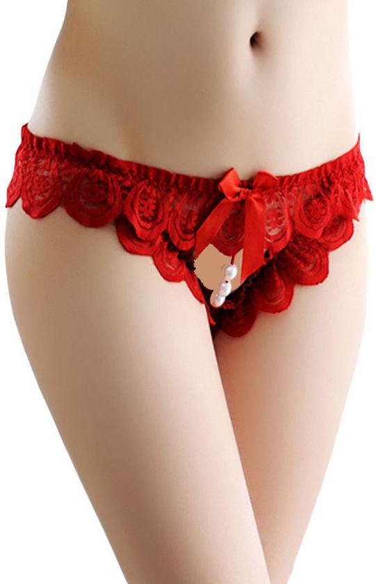 Red Scalloped Lace G-string with Pearls