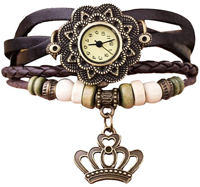 Quartz Weave Around Leather Crown Bracelet Lady Woman Wrist Watch