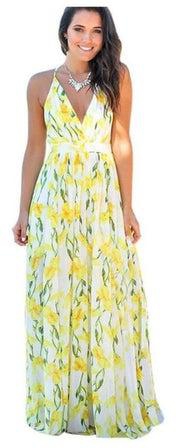 Floral Printed Spaghetti Strap V-Neck Maxi Dress Yellow/Green/White