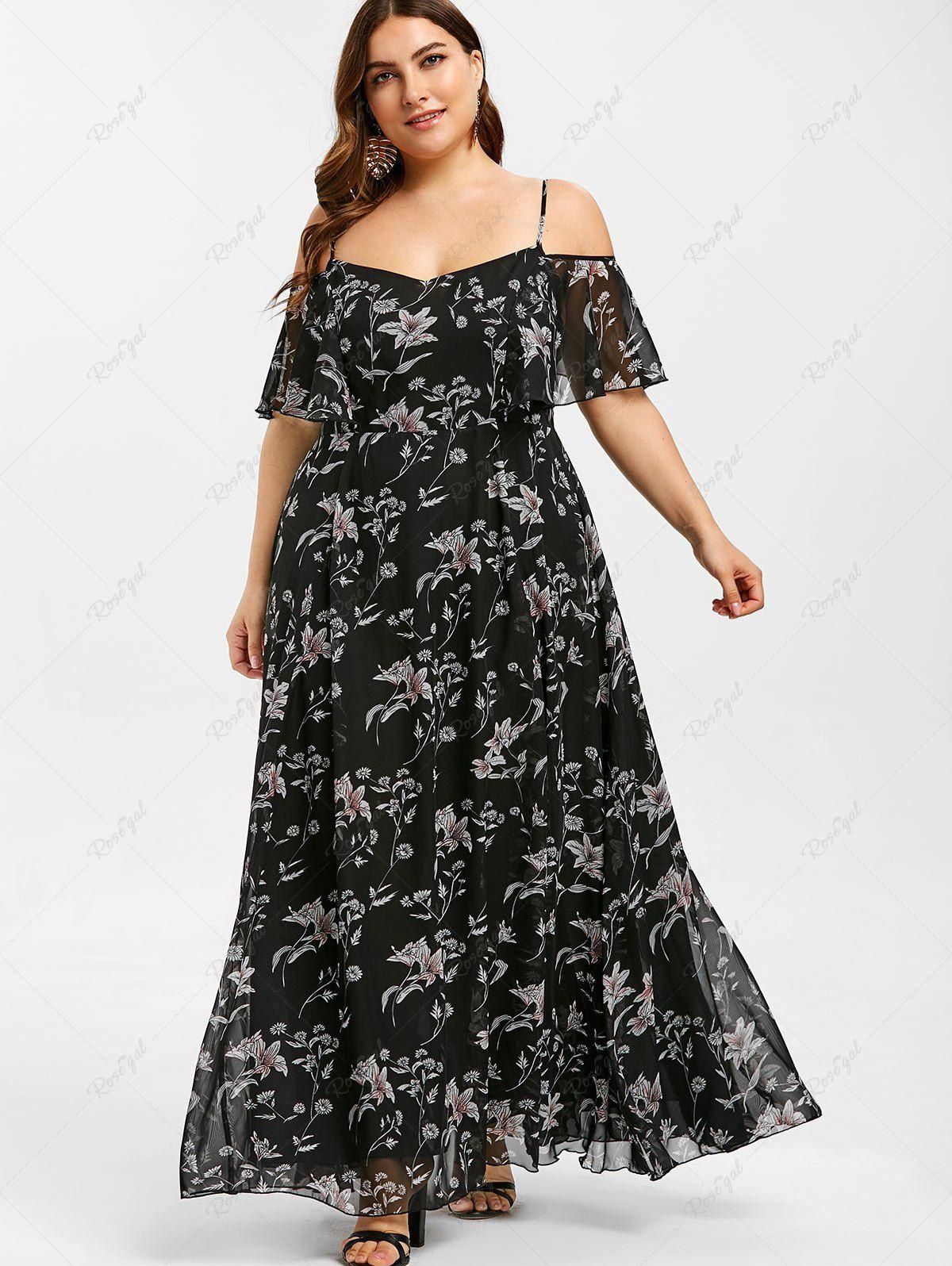 Plus Size Cold Shoulder Flower Printed Dress - L | Us 12