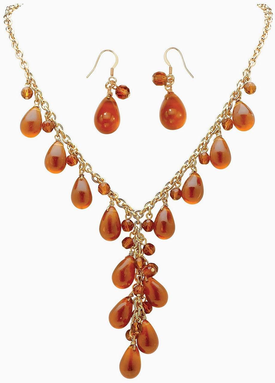 PalmBeach 2 Piece Pear-Shaped Amber Beaded "Y" Necklace and Drop Earrings Set in Yellow Gold Tone Bold Fashion