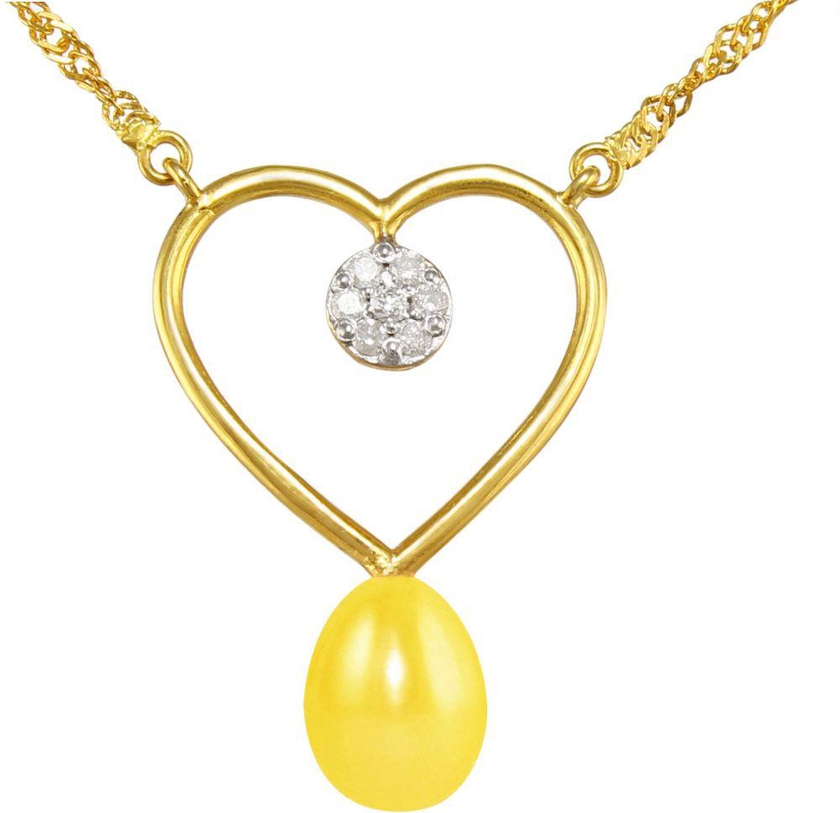 VP Jewels 18K Solid Gold 0.07ct Genuine Diamond and 7mm Yellow Pearl Heart Pendant Necklace