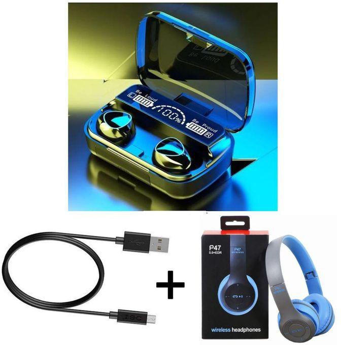 4U Universal M10 Wireless Earbuds Bluetooth 5.1 Earphones Bluetooth Headsets+Normal Cable+P47 Headset-Blue