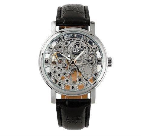 ESS Men Black Leather Luxury Skeleton Dial Hand-Wind Up Mechanical Wrist Watch WM119
