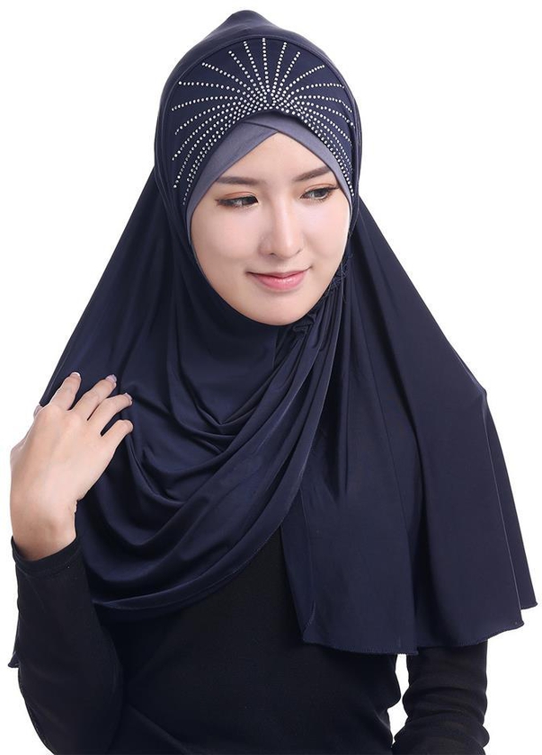 Fringe Elegant Hijab Scarf HS108-Navy Blue-One Size