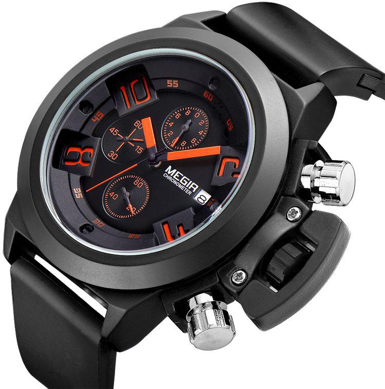 Megir Brand Black Silicone Sport Quartz Auto Date Chronograph Men Watch M2002