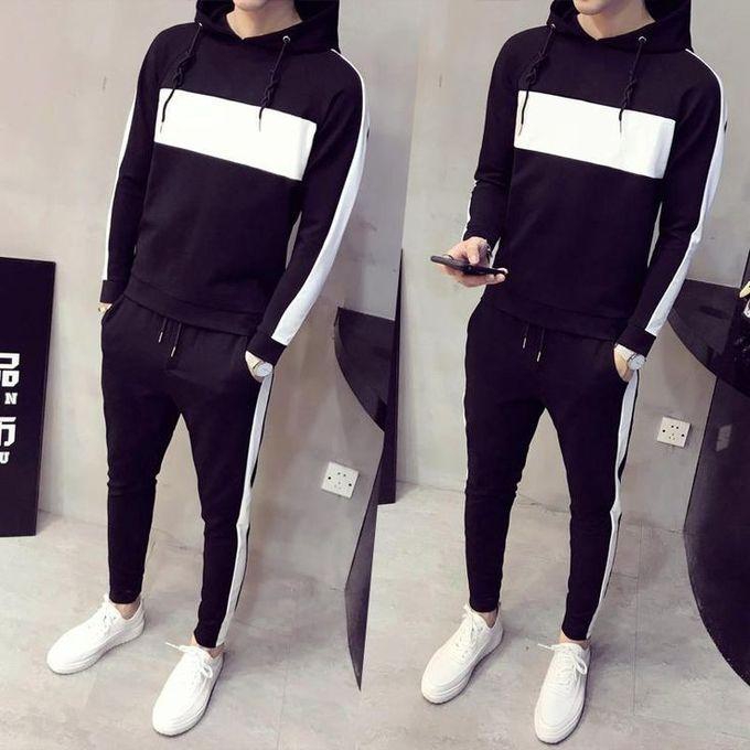 White Patch And White Stripe Black Hoodie And Joggers