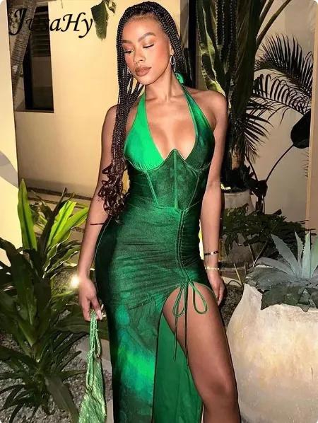 Y2K Green Printed Elegant Side Split Criss-Cross Halter Neck Lace-up Hollow Out Skinny Vintage Hip Dress